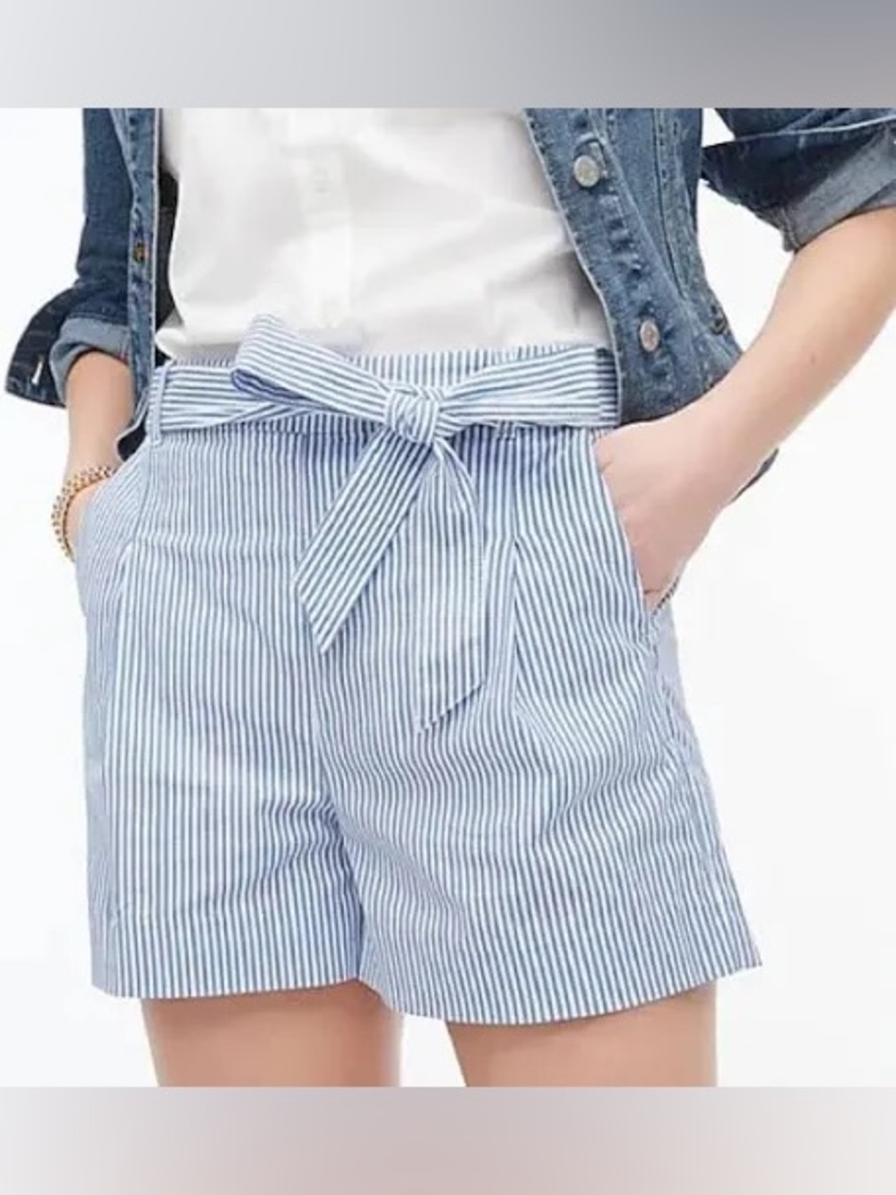 J Crew women size 0 Tie-waist short in cotton poplin blue white elastic waist